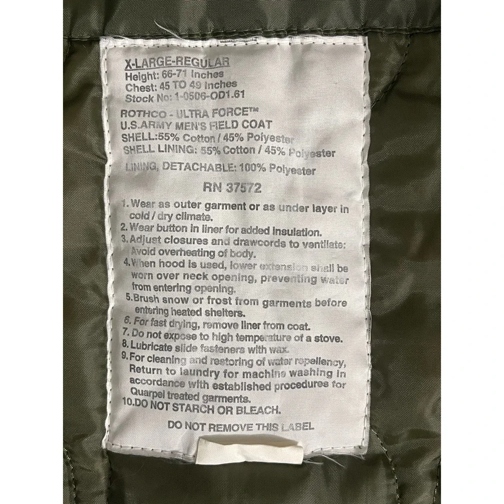 Rothco Ultra Force US Army Mens Field Coat Liner Olive Green Quilted XL Regular